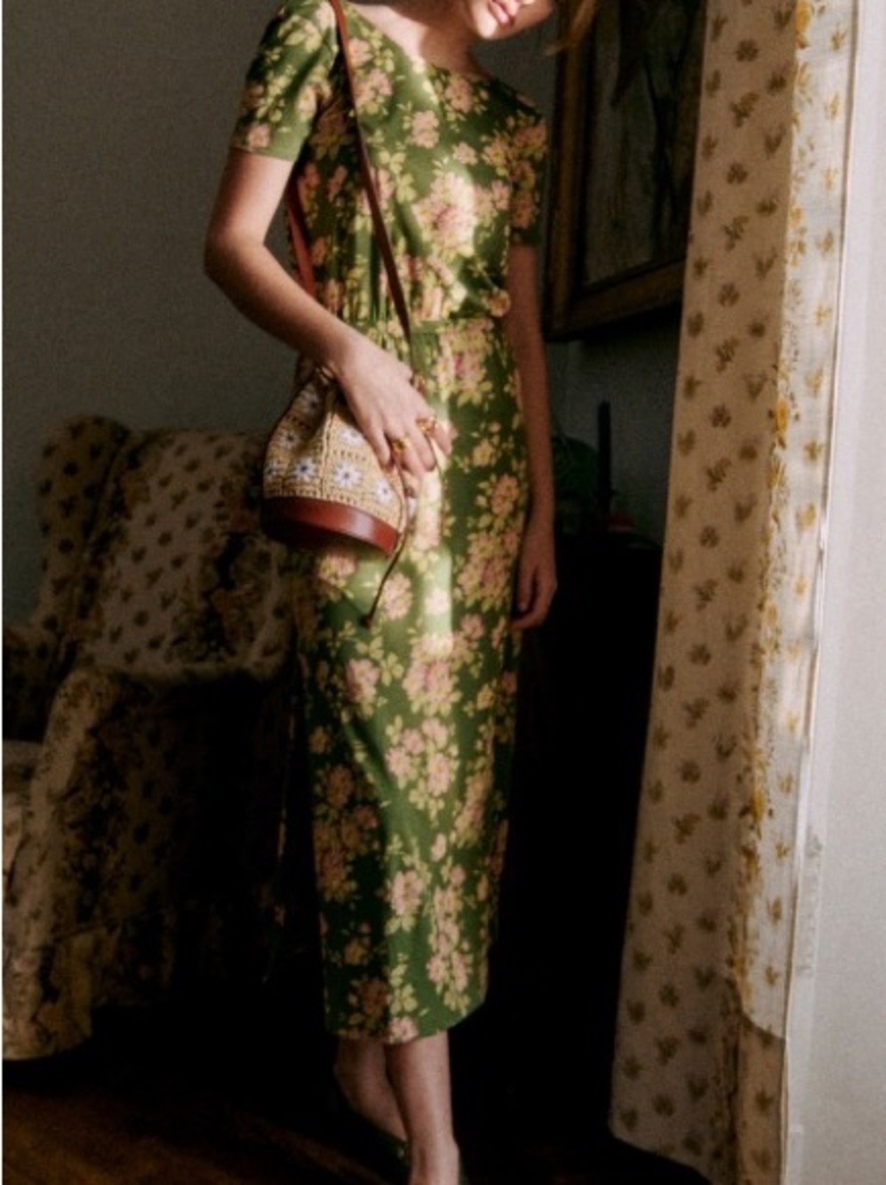 Sezane Olive Green Floral Backless Midi Dress with Pink Flowers - Picture 2 of 12